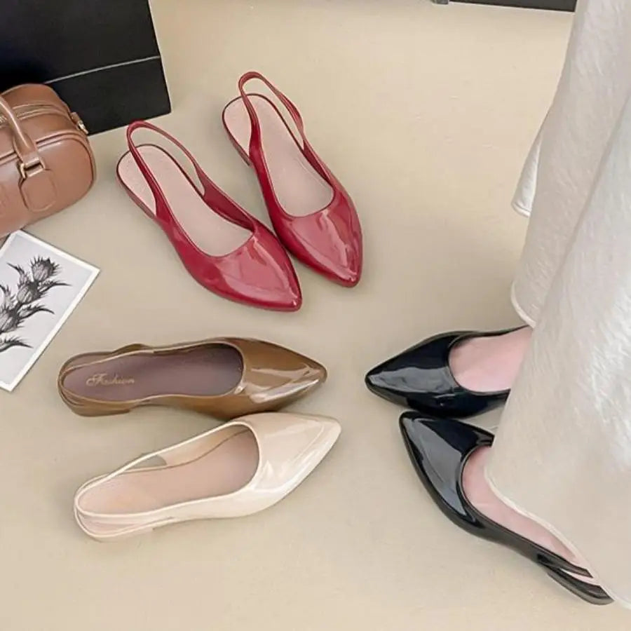 Patent Leather Pointed Toe Slingback Flats With Low Block Heel