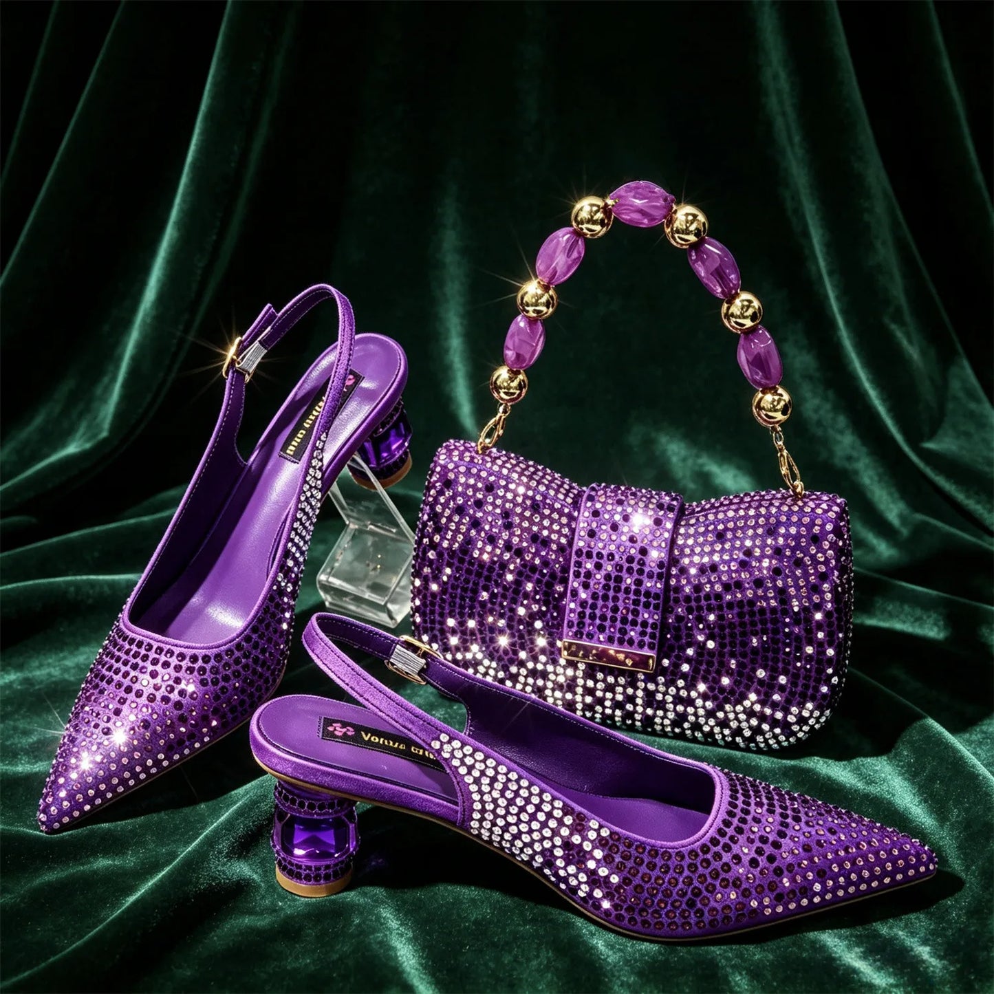 Rhinestone Slingback Pumps And Matching Handbag Set For Weddings