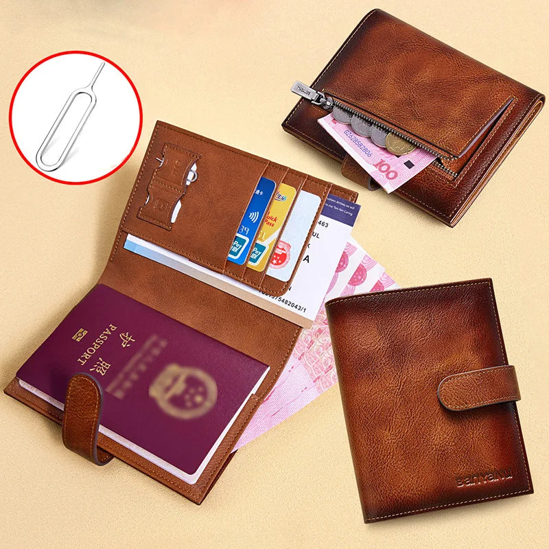 Genuine Top Layer Cowhide Passport Holder for Men Multifunction Ultra-thin Leather Wallet Portable Travel Ticket Card Organizer