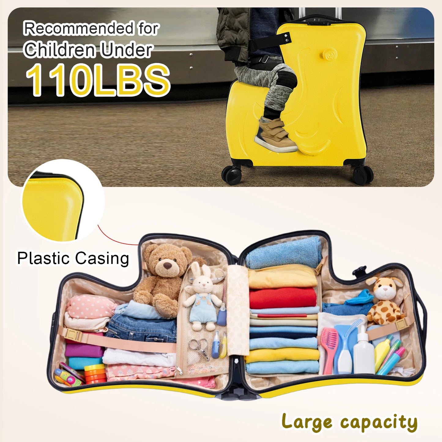 22-24 Inch Blue、Pink、Yellow Kids Ride-On Suitcase with Cartoon Stickers | Fun Travel Luggage with Wheels | Children's Trunk for 3-6 Years Old