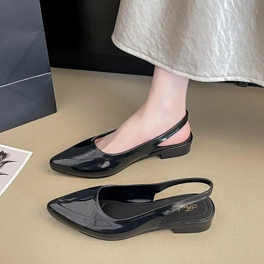 Patent Leather Pointed Toe Slingback Flats With Low Block Heel
