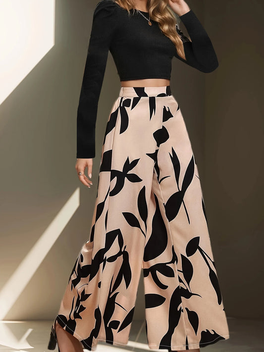 Women's High Waist Floral Print Wide Leg Pants Casual Polyester