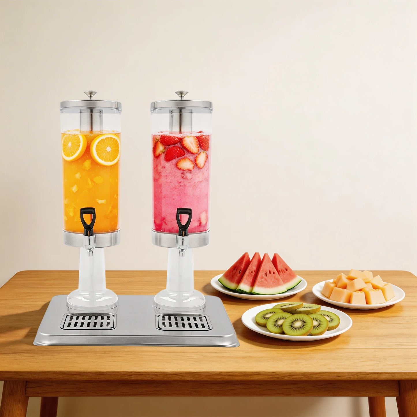 Stainless Steel Drink Dispenser 1.59Gal, 2-Faucet Beverage Dispenser with Centre Ice Core & Drip Trays for Parties