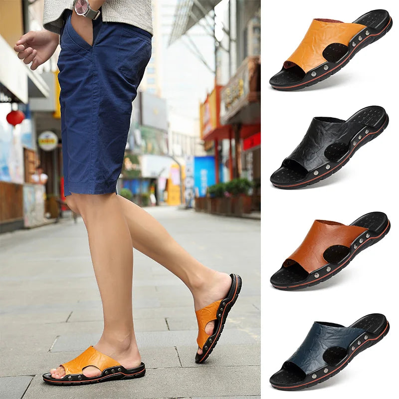 Big Running Mens Summer Slippers Leather Breathable Beach Sandals