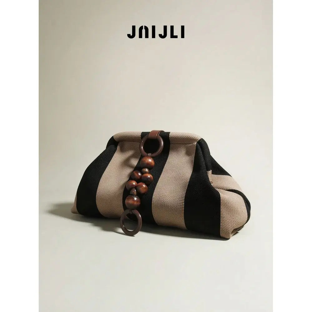 Striped Clutch Purse With Wooden Bead Ring Detail Crossbody