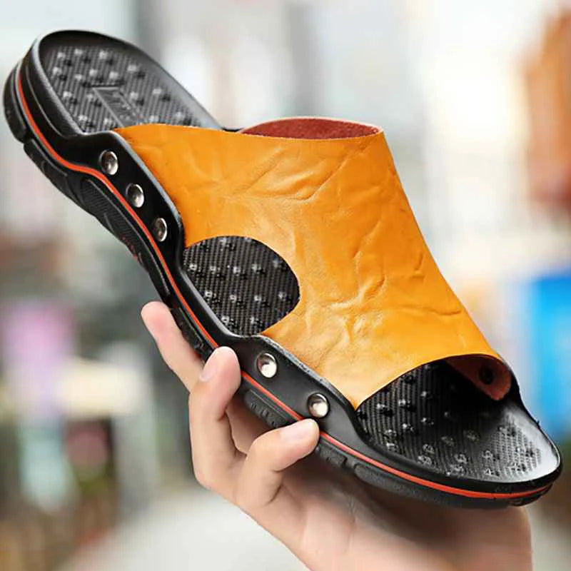 Big Running Mens Summer Slippers Leather Breathable Beach Sandals