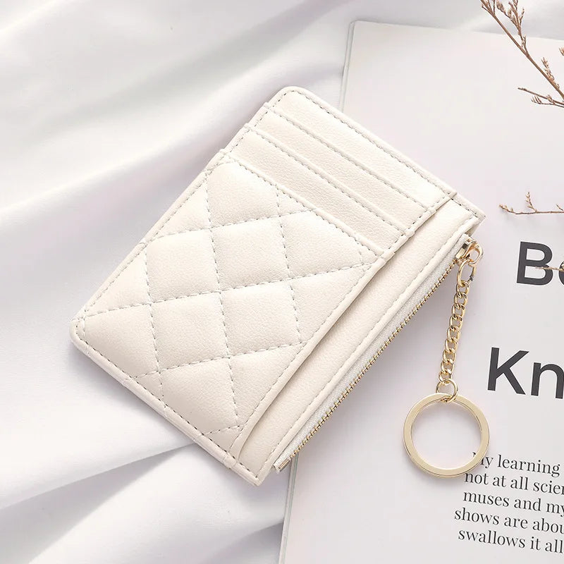 Quilted Minimalist Ring Mini Wallet With Card Slots And ID Holder Faux Leather