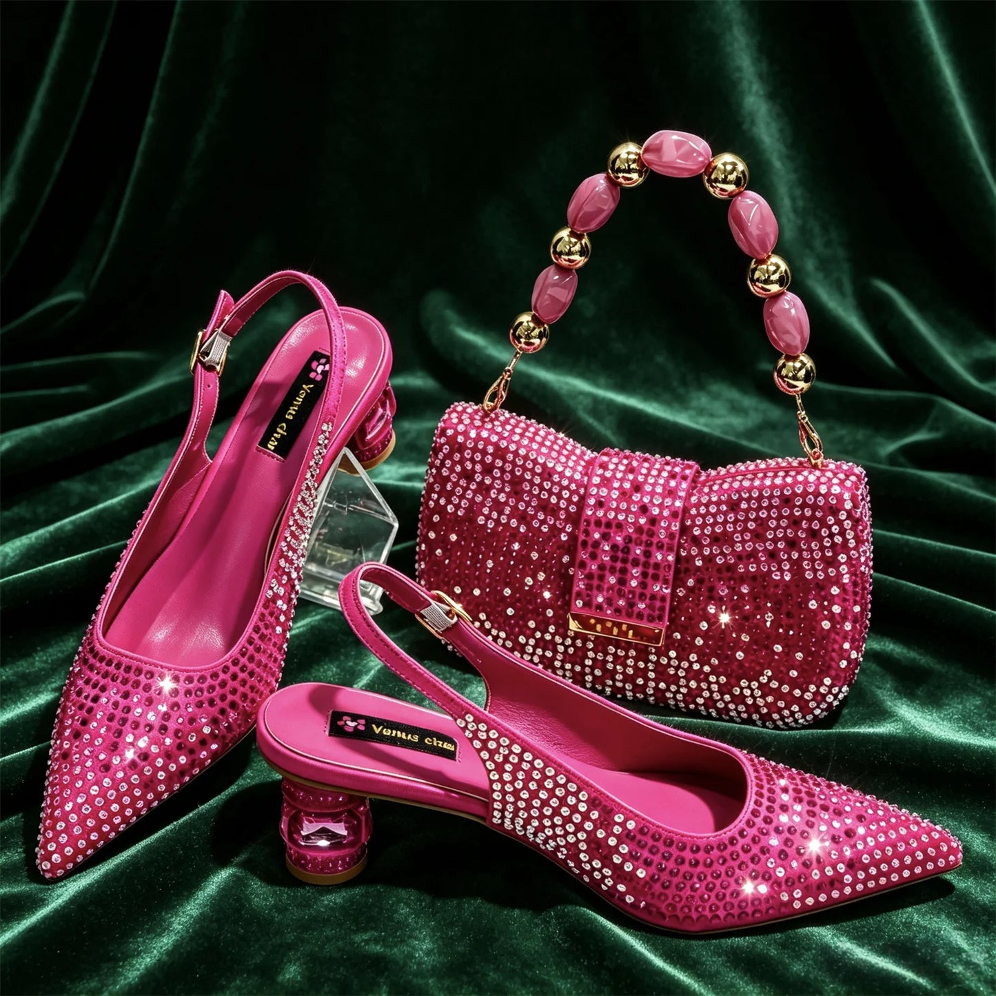 Rhinestone Slingback Pumps And Matching Handbag Set For Weddings