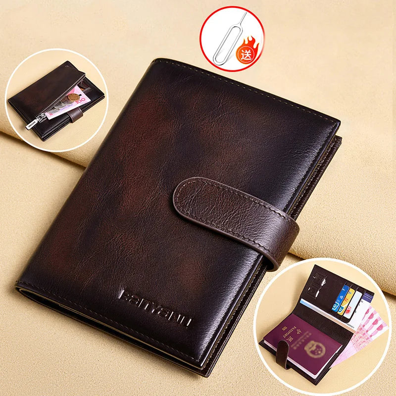 Genuine Top Layer Cowhide Passport Holder for Men Multifunction Ultra-thin Leather Wallet Portable Travel Ticket Card Organizer