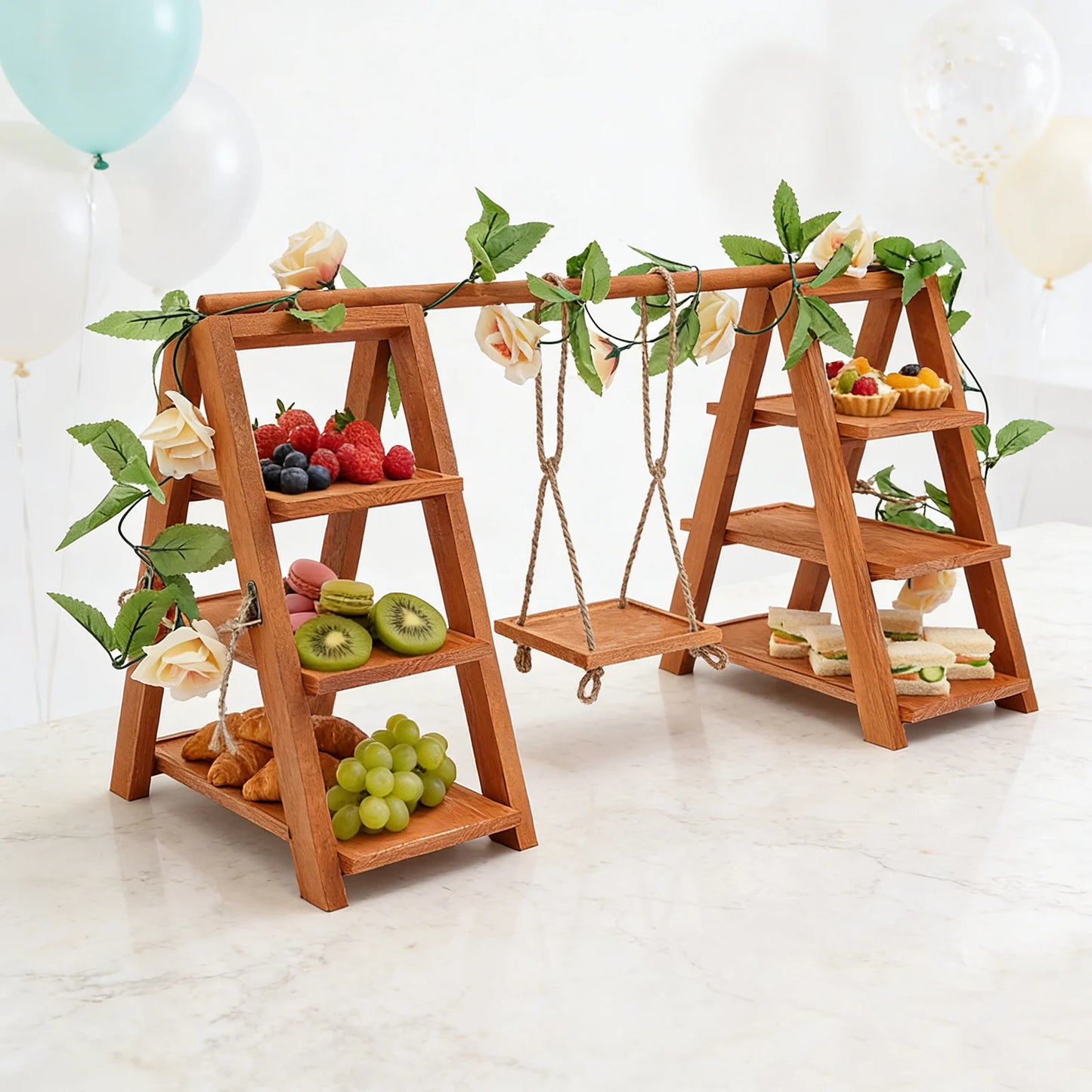 3-Tier Wooden Cupcake & Dessert Display Stand with Swing and Flower Decoration Removable Tray  Party Food Display Set for Cake Snack Fruit Chips Bread Centerpieces Catering