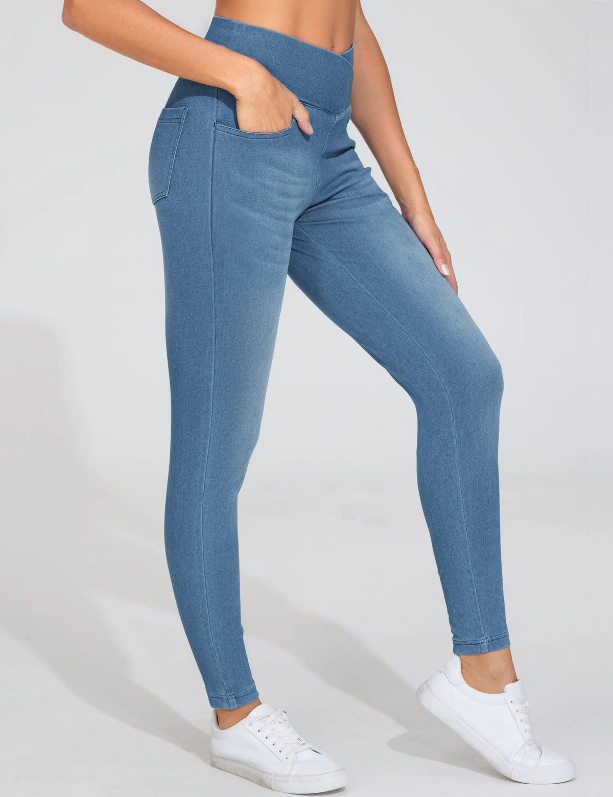 THE GYM PEOPLE Women's  High Waisted Skinny Denim Jegging Pants with Pockets V Cross Stretchy  Jean Leggings