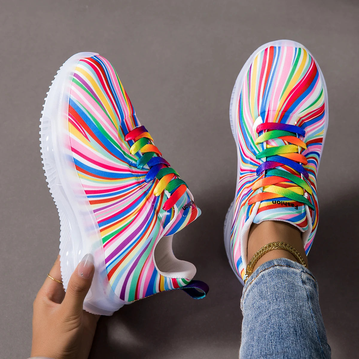 Women Swirl Stripe Air Cushion Sneakers Lace Up Shoes Lightweight