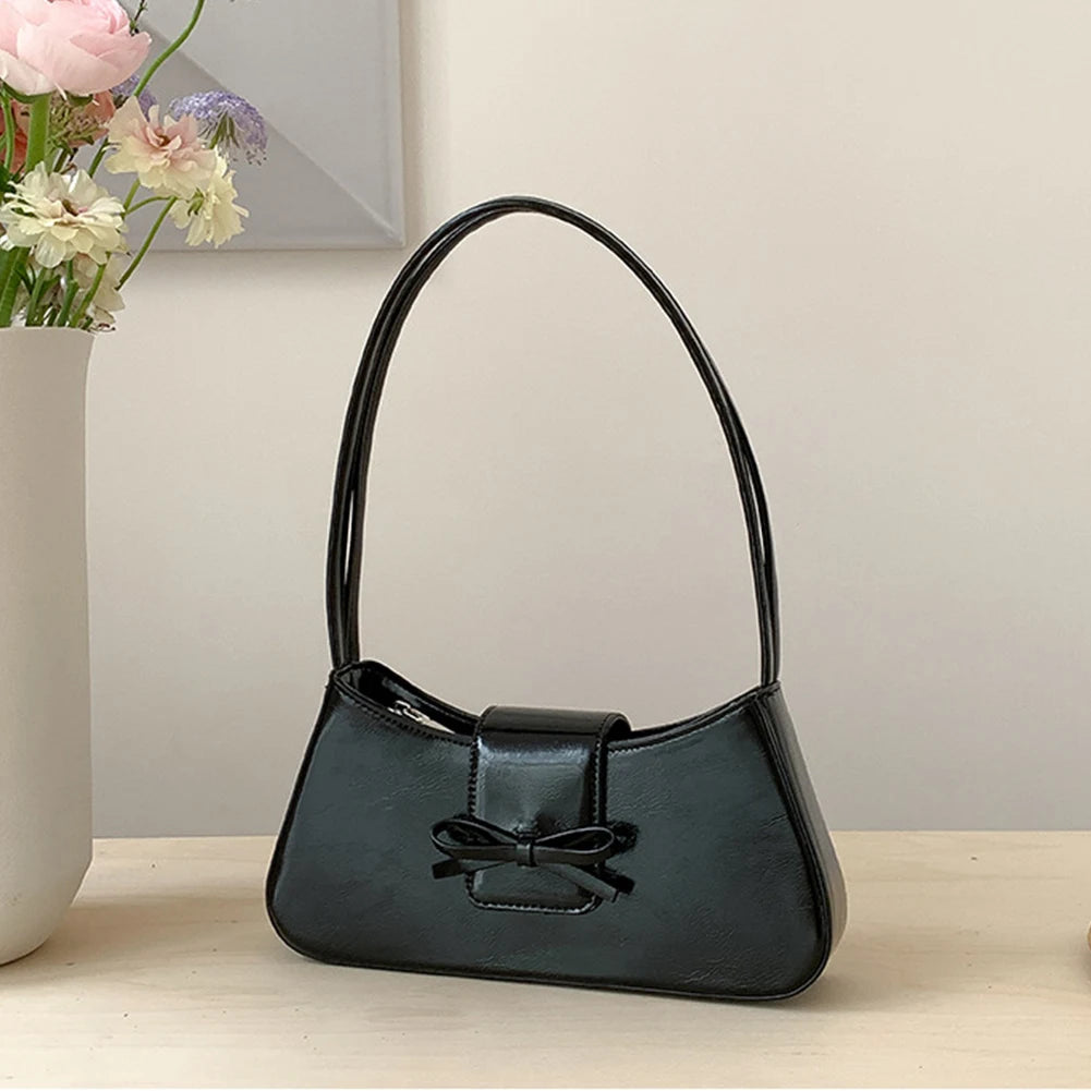 Sweet Bow Shoulder Bag PU Leather Fashion Handbag with Zipper Closure Everyday Purse Trendy Underarm Bag for Women and Girls