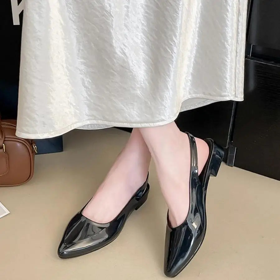 Patent Leather Pointed Toe Slingback Flats With Low Block Heel
