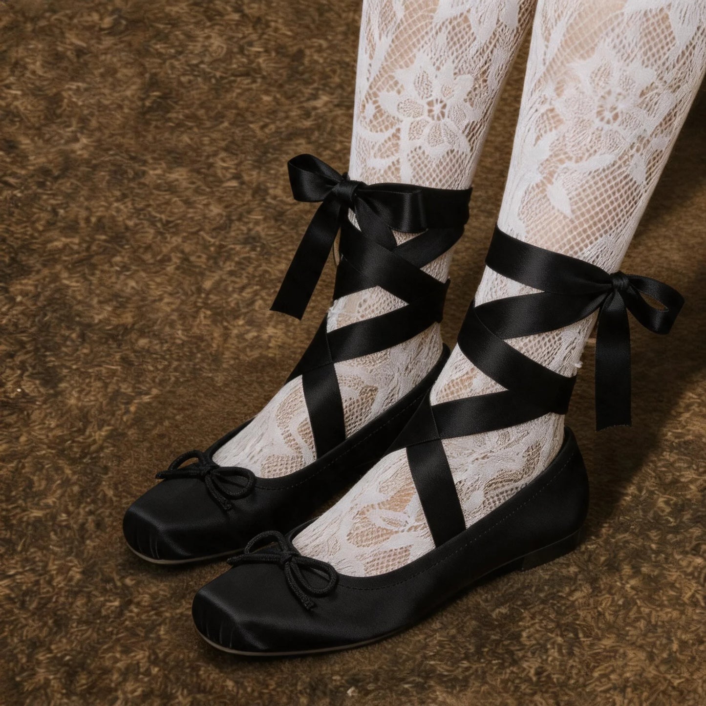 Women Satin Square Toe Ballet Flats With Ankle Ribbon Bow