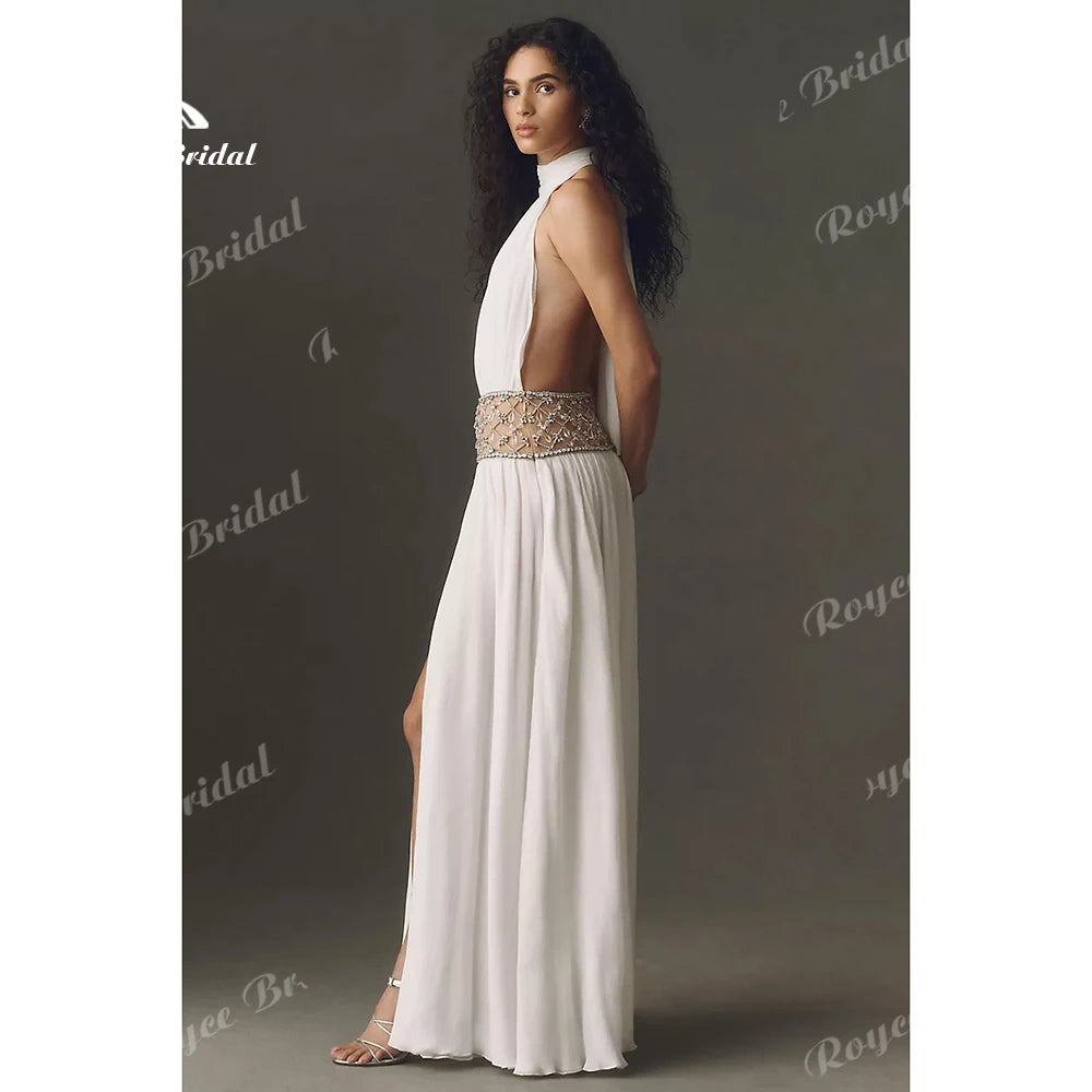 Greciancore White Halter Beaded Women's Formal Evening Gowns Cutout Chiffon Prom Dress High Slit Evening Dress Customized