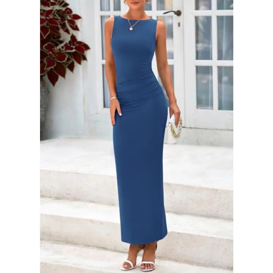 Women's 2026 Summer Semi Formal Midi Dresses Sleeveless Ruched Bodycon Long Elegant Cocktail Wedding Guest Dress