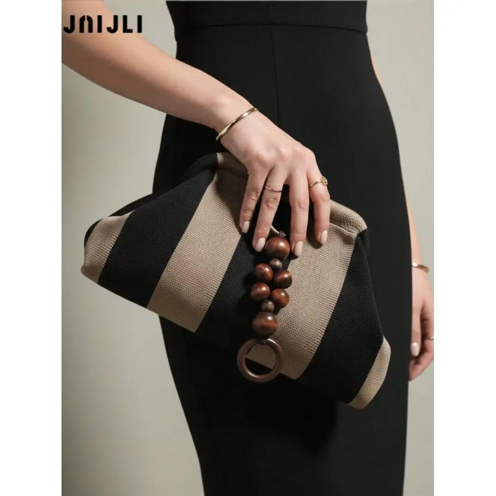 Striped Clutch Purse With Wooden Bead Ring Detail Crossbody