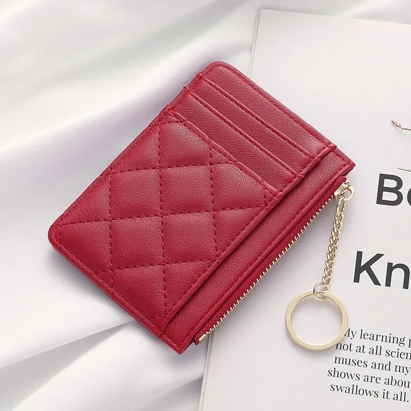 Quilted Minimalist Ring Mini Wallet With Card Slots And ID Holder Faux Leather