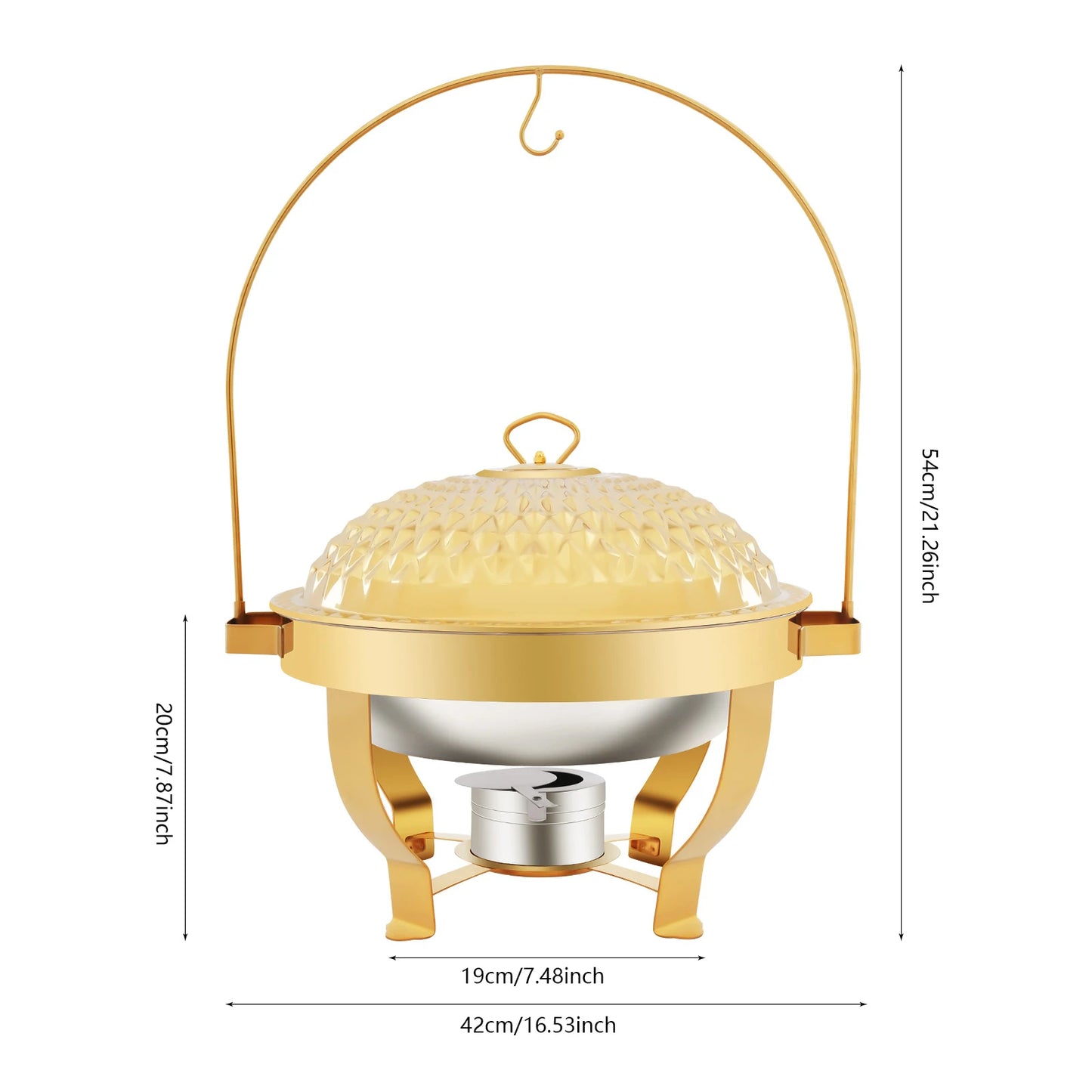 Diamond Hanging Lid Chafing Dish Set 6.3QT, Stainless Steel Buffet Food Warmer with Alcohol Burner & Lid Holder, Elegant Party Serving Stand, Gold