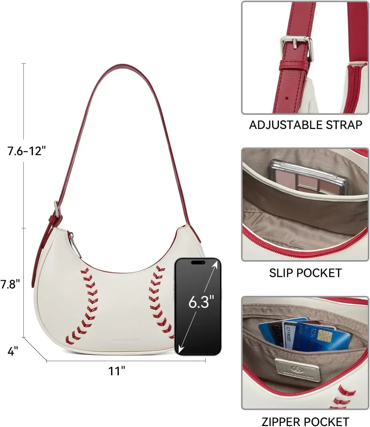 Bostanten Vegan Leather Baseball Purse Hobo Bag for Women