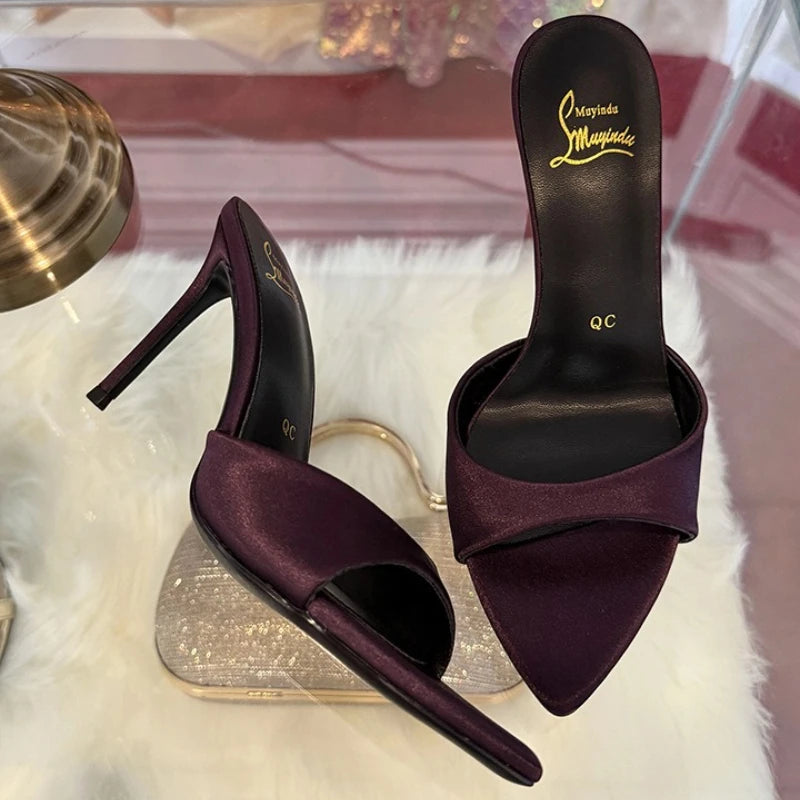 SOVOB Satin High Heel Sandals For Women Pointed Toe Peep Toe