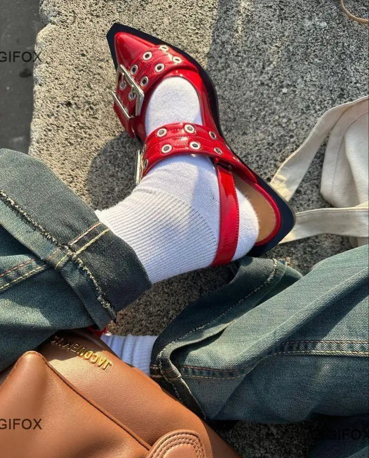 GIGIFOX Mary Jane Pumps Women Pointed Toe Buckle Slingback