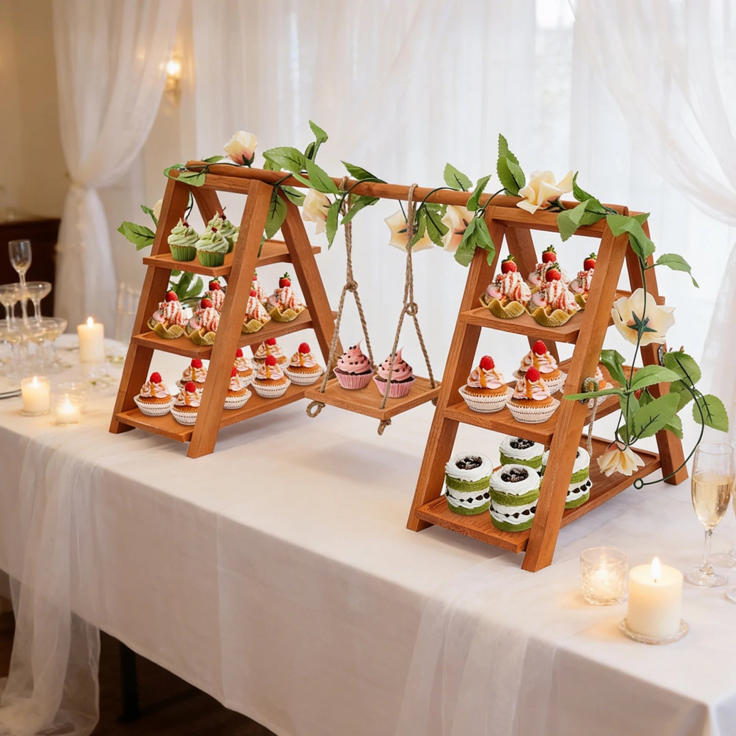 3-Tier Wooden Cupcake & Dessert Display Stand with Swing and Flower Decoration Removable Tray  Party Food Display Set for Cake Snack Fruit Chips Bread Centerpieces Catering