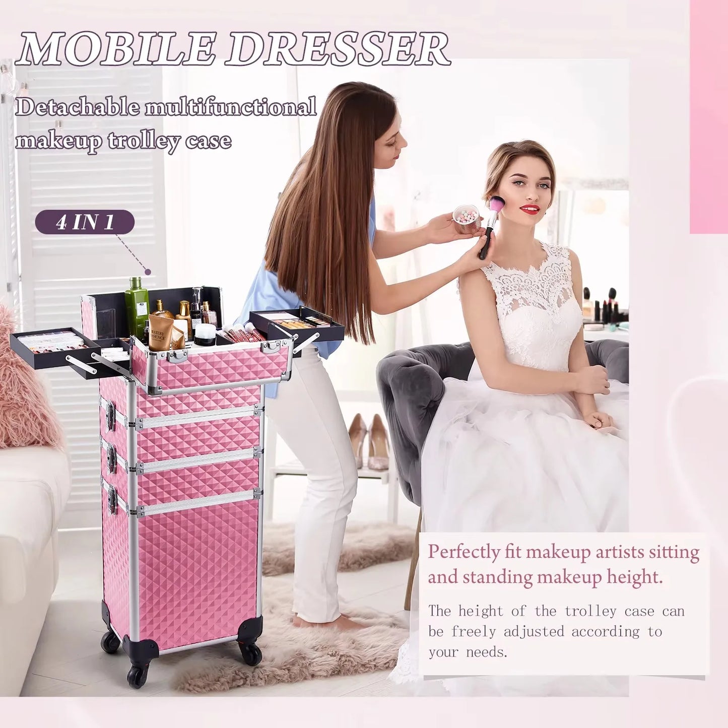 MaxuleneCN Makeup Trolley Case On Wheels Detachable 4 In 1