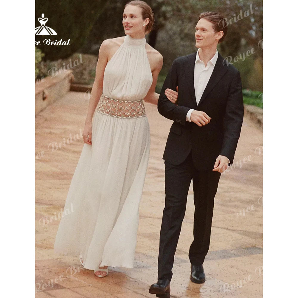 Greciancore White Halter Beaded Women's Formal Evening Gowns Cutout Chiffon Prom Dress High Slit Evening Dress Customized