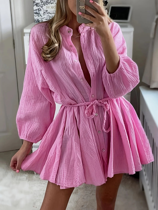 Women's Button Shirt Mini Dress, 3/4 Puff Sleeve Waist Tie Textured Casual Dress for Summer Beach Cover Up Pink Button Shirt Mini Dress for Women, 3/4 Puff Sleeve Waist Tie Textured Casual Dress for Summer Beach Vacation Cove