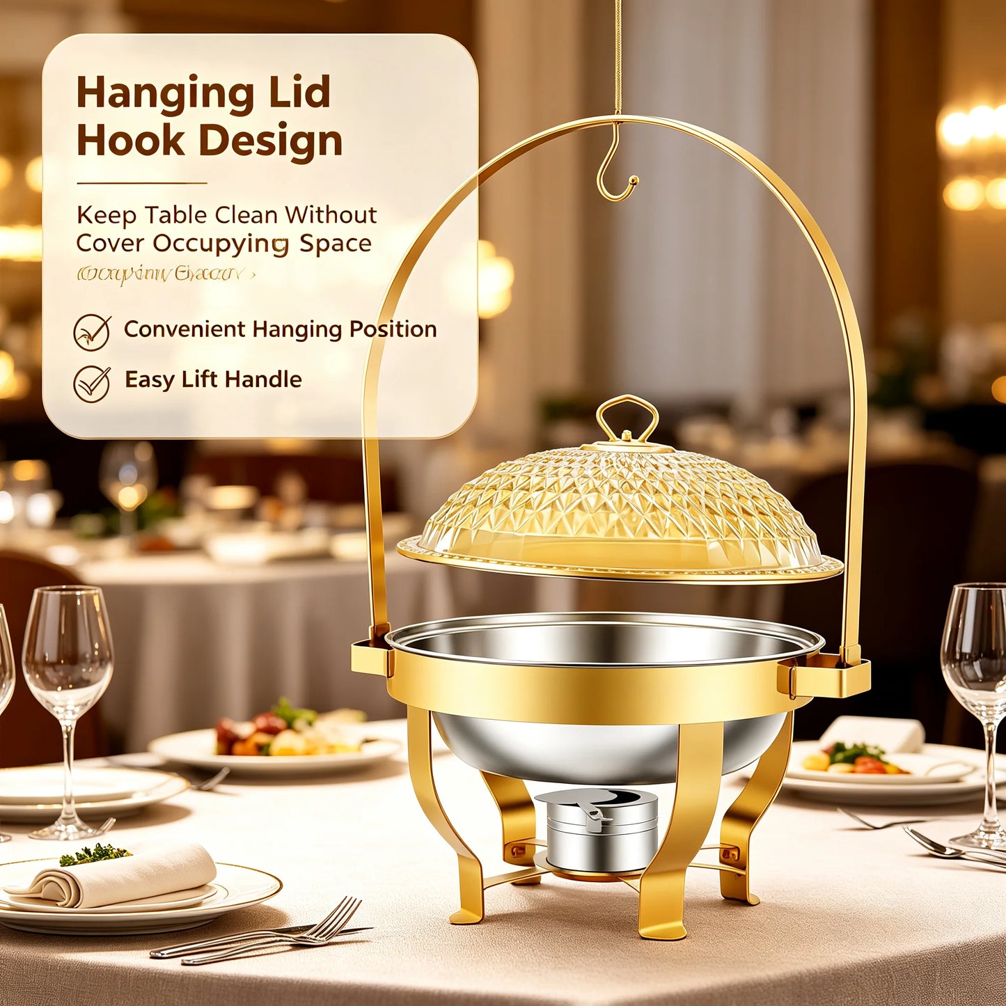 Diamond Hanging Lid Chafing Dish Set 6.3QT, Stainless Steel Buffet Food Warmer with Alcohol Burner & Lid Holder, Elegant Party Serving Stand, Gold