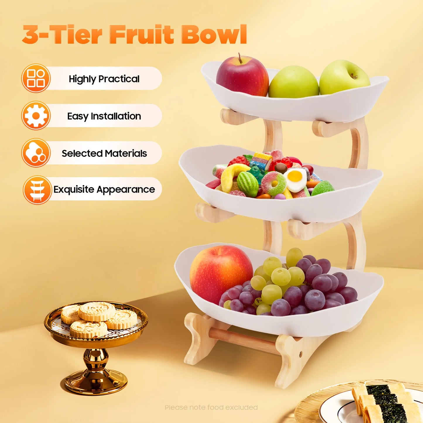Hign-Concerned 3 Tier Fruit Plate With Bamboo Wood Stand