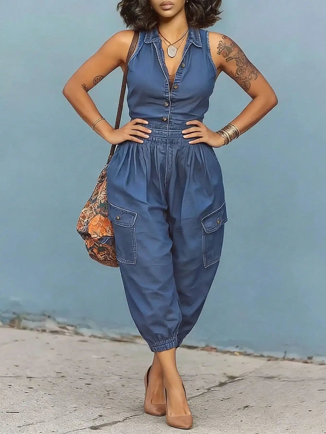 GLOURI Women's Barrel Denim Jumpsuits, Sleeveless Front Button Down High Rise Elastic Waist Wide Leg Jean Overalls, Casual Weekend Daily Outfits, One Piece Jean Streetwear Rompers for Women