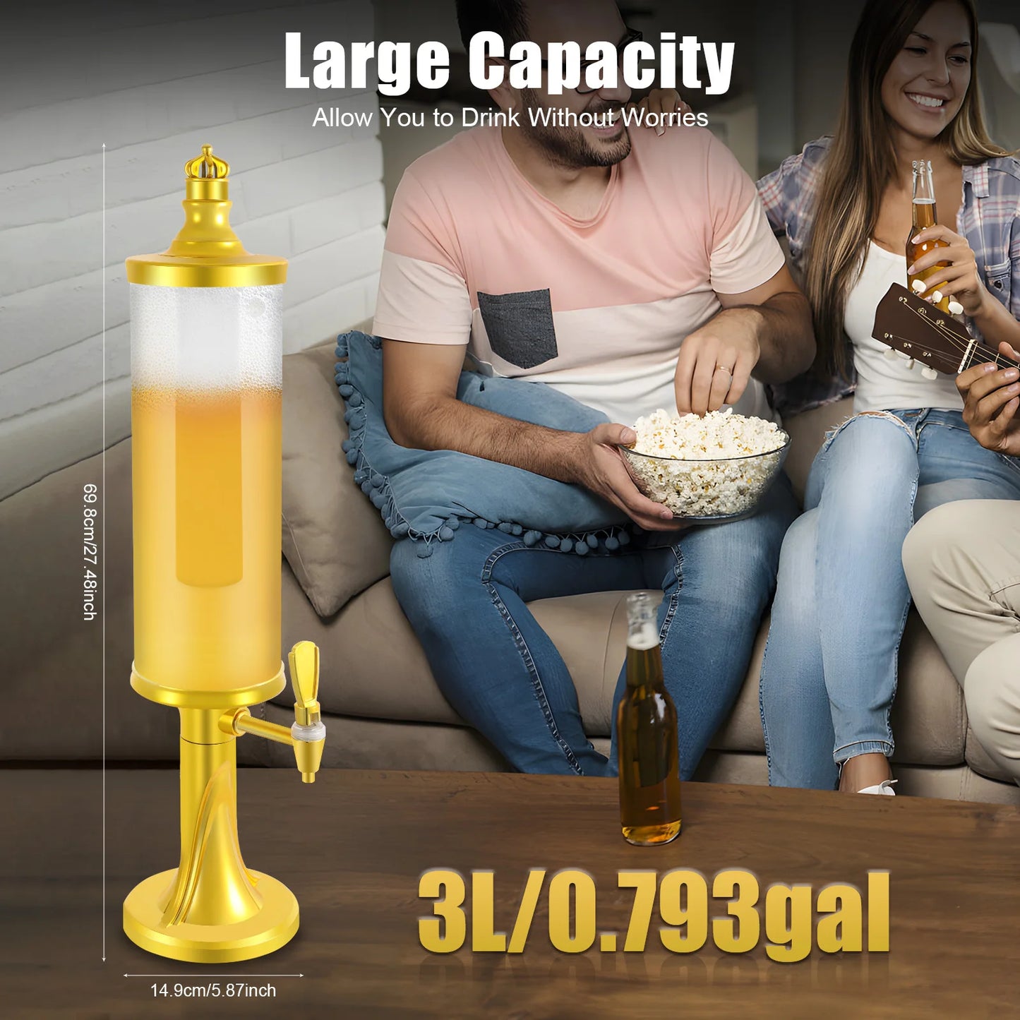 3L Gold Beer Tower Beverage Dispenser with LED Color Changing Light Built-in Ice Tube Cool Drink Dispenser Food Grade PET ABS