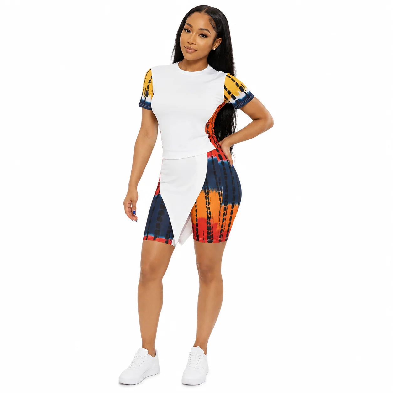 Plus Size Women’s Two-Piece Set – Short Sleeve Top with Tie-Dye Biker Shorts for Active Casual Outings