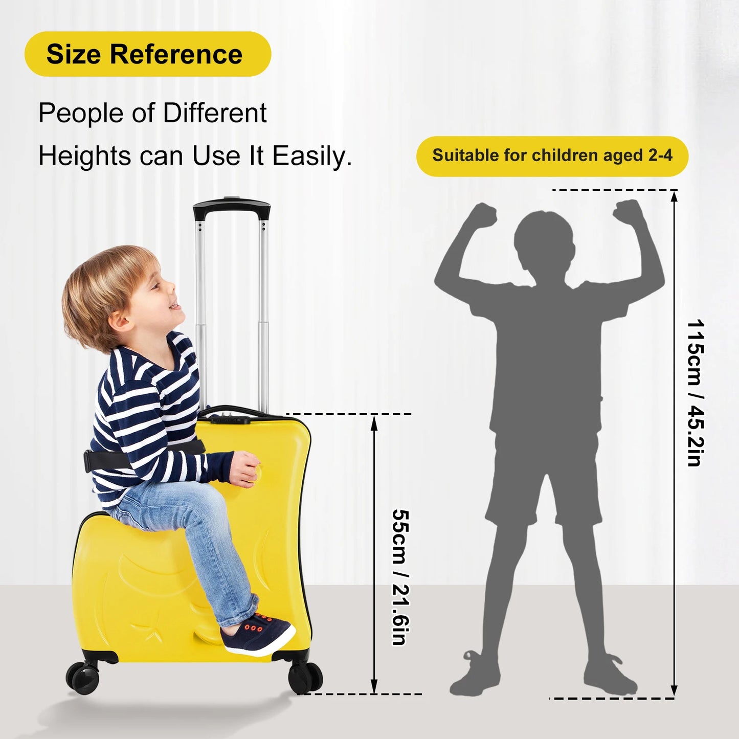 22-24 Inch Blue、Pink、Yellow Kids Ride-On Suitcase with Cartoon Stickers | Fun Travel Luggage with Wheels | Children's Trunk for 3-6 Years Old