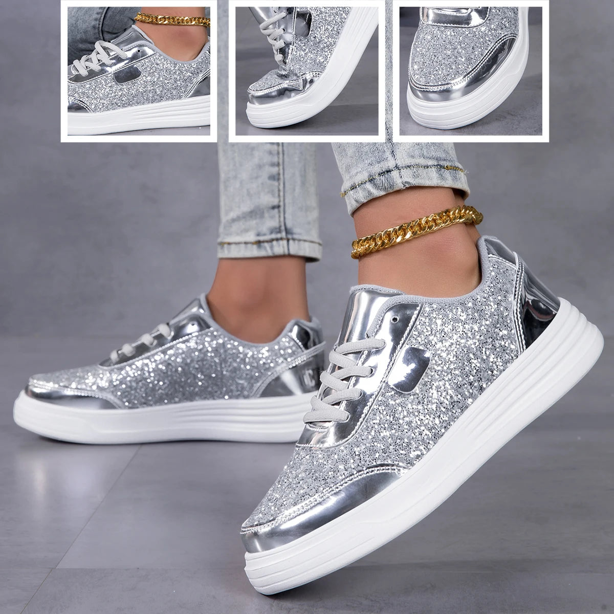 Women Glitter Platform Sneakers Lace Up Metallic Patent Leather Sole