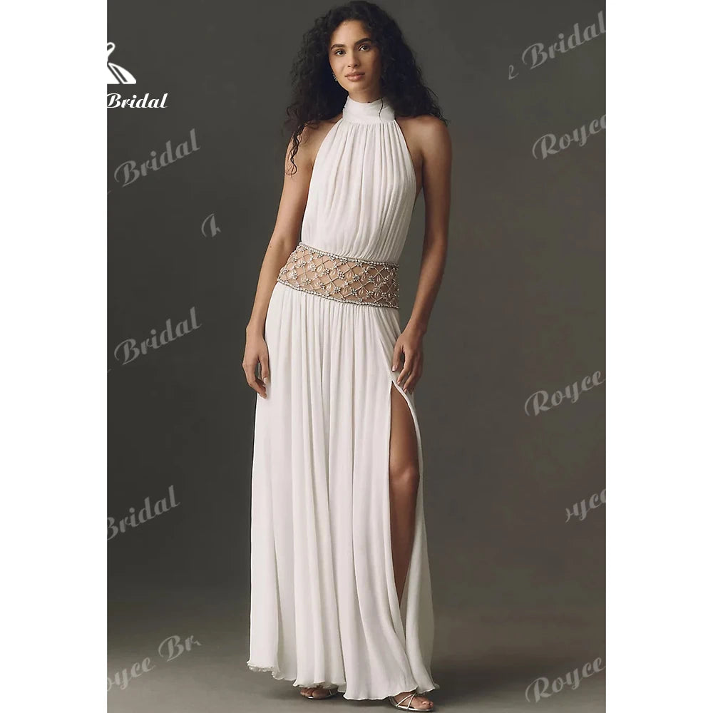 Greciancore White Halter Beaded Women's Formal Evening Gowns Cutout Chiffon Prom Dress High Slit Evening Dress Customized