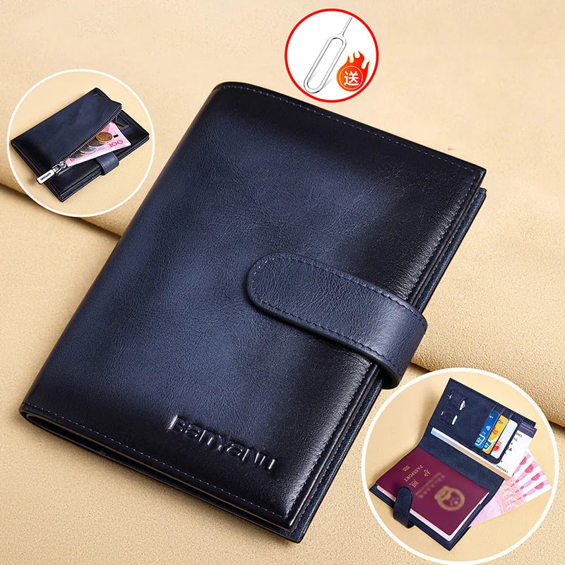 Genuine Top Layer Cowhide Passport Holder for Men Multifunction Ultra-thin Leather Wallet Portable Travel Ticket Card Organizer