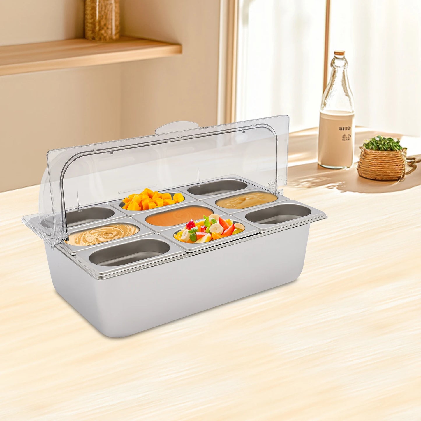 9 Compartment Stainless Steel Serving Tray, Flip Top PC Cover With Snap Lock 201 Stainless Fruit Container Matched 9 Spoons 9 Clamps 3 Ice Water Bags Desktop Buffet Fresh Food Storage Tray
