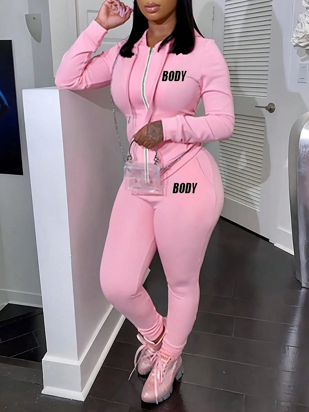 Women's Pink Zipper Sportswear Set of 2 Pieces Jogger Letter Printed Jogging Sportswear Hoodie and Sweatpants Set