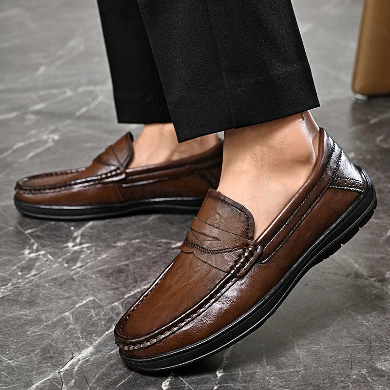 AJON Leather Mens Loafers Slip On Non Slip Formal Shoes