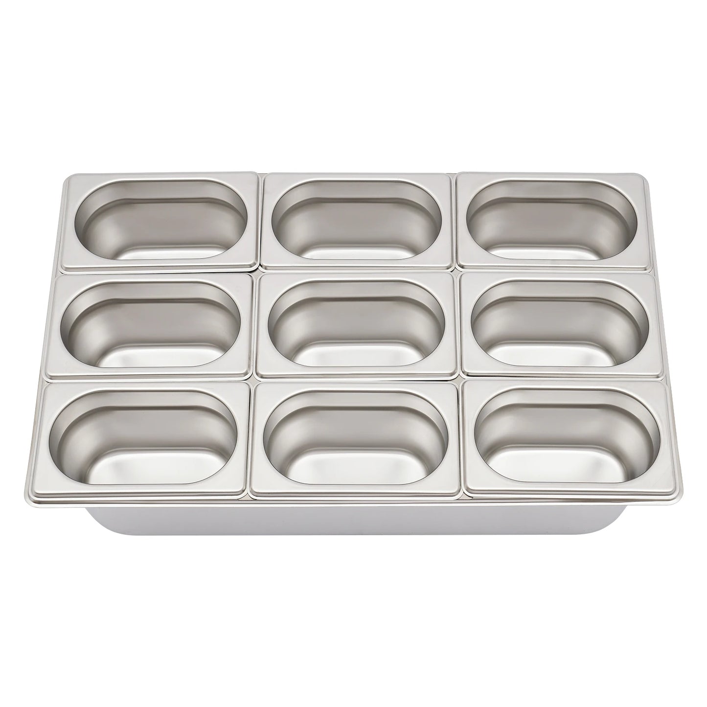 9 Compartment Stainless Steel Serving Tray, Flip Top PC Cover With Snap Lock 201 Stainless Fruit Container Matched 9 Spoons 9 Clamps 3 Ice Water Bags Desktop Buffet Fresh Food Storage Tray