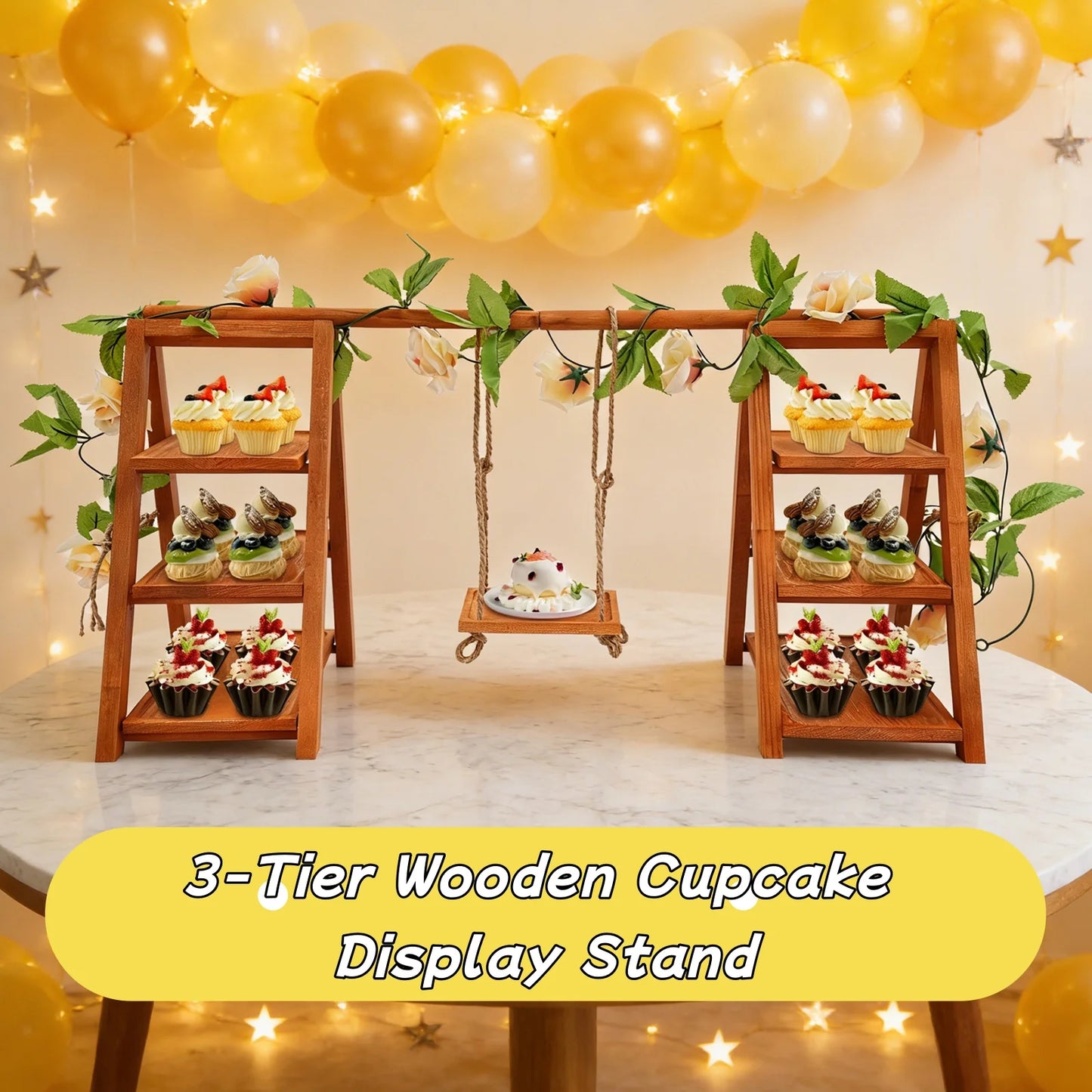 3-Tier Wooden Cupcake & Dessert Display Stand with Swing and Flower Decoration Removable Tray  Party Food Display Set for Cake Snack Fruit Chips Bread Centerpieces Catering
