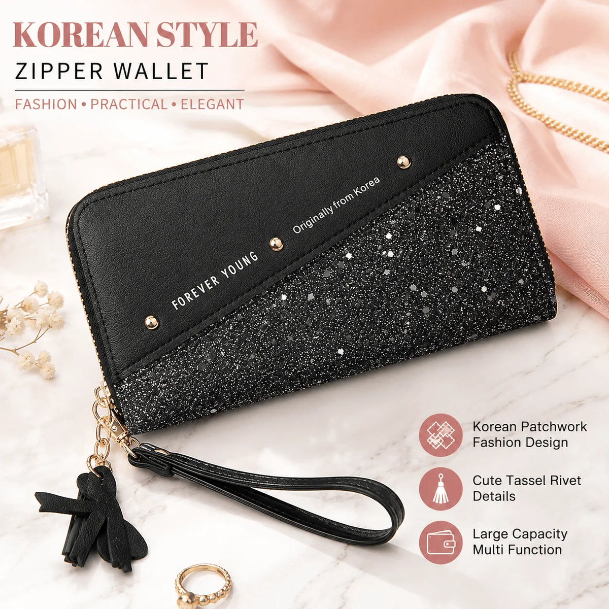 Women Wallet Korean Style Purse Patchwork Clutch Tassel Rivet Details Long Zipper Wallet Card Holder Wristlet Handbag Fashion Ladies Leather Large Capacity Multi Function Phone Pocket For Shopping Daily Use Teen Girls Elegant