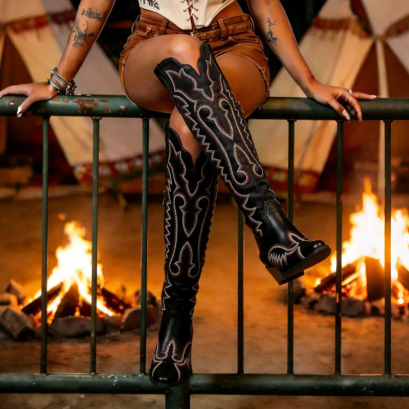 Womens Western Cowboy Boots Embroidered Knee High Boots