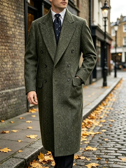 Winter Autumn Classic Herringbone Retro Man Long Coat Woolen Blend Simple Style Slim Fit Coat Leisure Versatile Business Coat