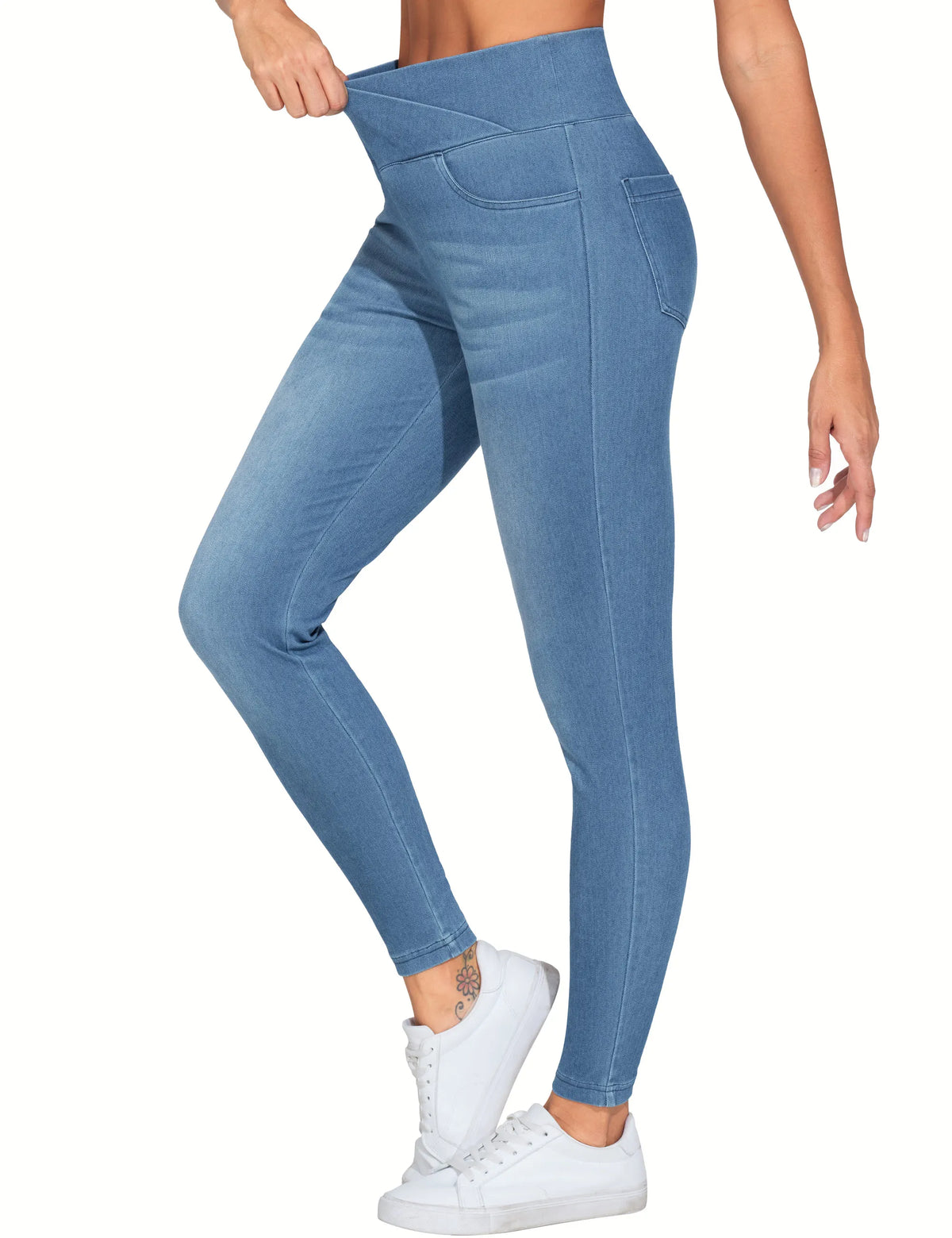 THE GYM PEOPLE Women's  High Waisted Skinny Denim Jegging Pants with Pockets V Cross Stretchy  Jean Leggings