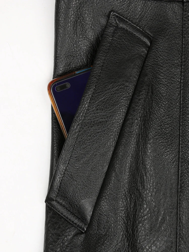 Nerazzurri Spring Autumn Long Waterproof Black Pu Leather Trench Coat Men Sashes Double Breasted Elegant Luxury Fashion Clothes
